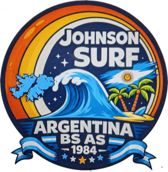 Calcomanía de Johnson Surf: una ola, las islas Malvinas, la bandera argentina, dos palmeras y la leyenda Argentina Bs As 1984